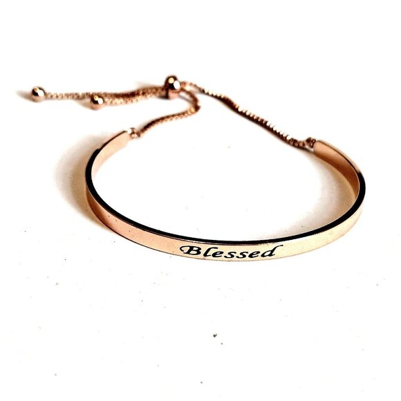 Inspirational Mantra Cuff Bangle Bracelet Rose Gold Adjustable "Blessed" - Picture 1 of 3